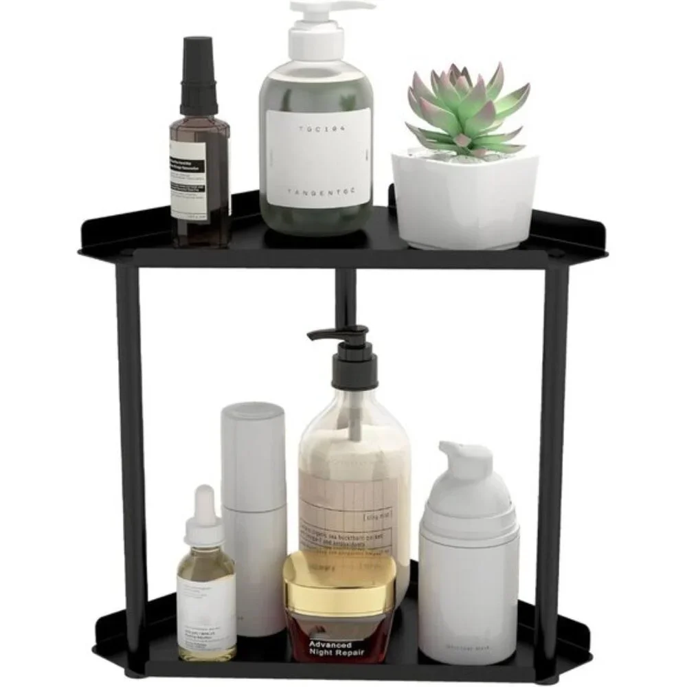 2-Tier Black Bathroom Counter Organizer, Vanity & Kitchen Corner Shelf Storage